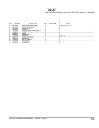 30-27
COMPONENTES AUXILIARES DEL MOTOR, DEPOSITO, SISTEMA DE ADMISION
6
1
1
0
POS. NO.PIEZA DESCRIPCION CANT NUM. SERIE J NOTAS
1 MN10299 TANQUE DE COMBUSTIBLE 1 X 154L INCL KEY 10
2 AL113086 TAPON DE LLENADO 1 X
3 SG01301 ABRAZADERA 1 X
4 CQ34351 TAPON 1 X
5 AL161024 AFORADOR DE COMBUSTIBLE 1 X
6 CQ29104 FILTRO 1 X
7 CQ65301 BRIDA 1 X
8 CQ55032 MANGUERA 1 X
9 21M7296 TORNILLO 4 X M6 X 20
10 L2646N TAPON ROSCADO 1 X
11 24M7139 ARANDELA 1 X
12 R217636 ANILLO TORICO 1 X
13 SG06401 ABRAZADERA 4 X
14 MN10416 MANGUERA 1 X
TRACTOR 6110J (EDICION SUDAMERICANA) PC8538S (01-JUL-10) 30-27
PN=129
 