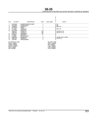 30-35
COMPONENTES AUXILIARES DEL MOTOR, DEPOSITO, SISTEMA DE ADMISION
6
1
1
0
POS. NO.PIEZA DESCRIPCION CANT NUM. SERIE J NOTAS
1 DQ51588 ALIMENTADOR DE MIES 1 X (A)
2 AL153067 SILENCIADOR 1 X (B)
3 19M8819 TORNILLO 1 X M8 X 35
4 AL117063 CINTA 1 X
5 L113409 TORNILLO 1 X M8 X 70
6 AL117064 SOPORTE 1 X
7 19M7167 TORNILLO AR X (A) M10 X 25
19M7402 TORNILLO AR X (B) M10 X 25
8 24M7213 ARANDELA AR X
9 L114822 SOPORTE 1 X
10 L167664 PROTECCION 1 X
11 24M7028 ARANDELA 2 X 10.500 X 20 X 2 MM
12 19M3143 TORNILLO 2 X M10 X 20
13 AL82256 ABRAZADERA 1 X
(A) WITHOUT CAB (B) WITH CAB
SANS CABINE AVEC CABINE
OHNE KABINE MIT KABINE
SENZA CABINA CON CABINA
SEM CABINE COM CABINE
SIN CABINA CON CABINA
TRACTOR 6110J (EDICION SUDAMERICANA) PC8538S (01-JUL-10) 30-35
PN=137
 