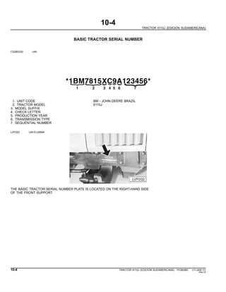 10-4
TRACTOR 6110J (EDICION SUDAMERICANA)
BASIC TRACTOR SERIAL NUMBER
CQ282320 -UN-
*1BM7815XC9A123456*
{21
{
3
{
4
{
5
{
6
{
{
7
1. UNIT CODE BM - JOHN DEERE BRAZIL
2. TRACTOR MODEL 6110J
3. MODEL SUFFIX
4. CHECK LETTER
5. PRODUCTION YEAR
6. TRANSMISSION TYPE
7. SEQUENTIAL NUMBER
LVP202 -UN-01JAN94
THE BASIC TRACTOR SERIAL NUMBER PLATE IS LOCATED ON THE RIGHT-HAND SIDE
OF THE FRONT SUPPORT.
10-4 TRACTOR 6110J (EDICION SUDAMERICANA) PC8538S (11-JAN-11)
PN=12
 