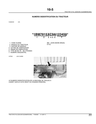 10-5
TRACTOR 6110J (EDICION SUDAMERICANA)
NUMERO DIDENTIFICATION DU TRACTEUR
CQ282320 -UN-
*1BM7815XC9A123456*
{
21
{
3
{
4
{
5
{
6{
{
7
1. CODE DUSINE BM - JOHN DEERE BRAZIL
2. MODÛLE DU TRACTEUR 6110J
3. SUFFIXE DE MODÛLE
4. LETTRE DE V©RIFICATION
5. ANN©E DE FABRICATION
6. TYPE DE BO TE DE VITESSES
7. NUM©RO S©QUENTIEL
LVP202 -UN-01JAN94
LE NUMERO DIDENTIFICATION DE LA MACHINE SE TROUVE A
LAVANT, SUR LE COTE DROIT DU CHASSIS PRINCIPAL
TRACTOR 6110J (EDICION SUDAMERICANA) PC8538S (11-JAN-11) 10-5
PN=13
 