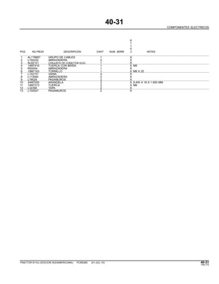 40-31
COMPONENTES ELECTRICOS
6
1
1
0
POS. NO.PIEZA DESCRIPCION CANT NUM. SERIE J NOTAS
1 AL178887 GRUPO DE CABLES 1 X
2 L154332 ABRAZADERA 2 X
3 AL82121 CONJUNTO DE CONECTOR ELEC. 1 X
4 14M7416 TUERCA CON BRIDA 1 X M8
5 R50454 ABRAZADERA 1 X
6 19M7163 TORNILLO 1 X M8 X 25
7 L152151 VAINA 4 X
8 L113094 ABRAZADERA 2 X
9 L78028 PASAMUROS 2 X
10 24M7055 ARANDELA 2 X 8.400 X 16 X 1.600 MM
11 14M7273 TUERCA 2 X M8
12 L32394 TAPA 2 X
13 L102007 PASAMUROS 2 X
TRACTOR 6110J (EDICION SUDAMERICANA) PC8538S (01-JUL-10) 40-31
PN=175
 