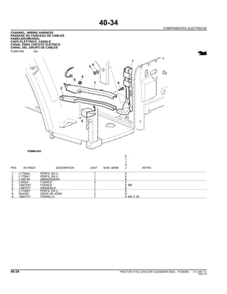 40-34
COMPONENTES ELECTRICOS
CHANNEL, WIRING HARNESS
PASSAGE DU FAISCEAU DE CABLES
KABELBAUMKANAL
CAVO ELETTRICO, CANALE
CANAL PARA CHICOTE ELETRICO
CANAL DEL GRUPO DE CABLES
PUBM1596 -UN-
6
1
1
0
POS. NO.PIEZA DESCRIPCION CANT NUM. SERIE J NOTAS
1 L175842 PERFIL EN U 1 X
2 L175841 PERFIL EN U 1 X
3 L166759 ABRAZADERA 1 X
4 L40924 TUERCA 3 X
5 14M7297 TUERCA 1 X M5
6 12M7077 ARANDELA 1 X
7 L170967 PERFIL EN U 1 X
8 R44302 CINTA DE ATAR 2 X
9 19M7317 TORNILLO 1 X M5 X 30
40-34 TRACTOR 6110J (EDICION SUDAMERICANA) PC8538S (11-JAN-11)
PN=178
 