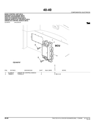 40-40
COMPONENTES ELECTRICOS
BASIC CONTROL UNIT (BCU)
CENTRALE ELECTRIQUE (BCU)
ZENTRAL-STEUERINHEIT (BCU)
UNITA’ DI COMANDO BASE (BCU)
UNIDADE BASICA DE CONTROLE (BCU)
UNIDAD DE CONTROL BASICO (BCU)
CQ155757 -UN-23JUL04
6
1
1
0
POS. NO.PIEZA DESCRIPCION CANT NUM. SERIE J NOTAS
1 AL205515 UNIDAD DE CONTROL BASICO 1 X
2 19M8875 TORNILLO 2 X M6 X 25
40-40 TRACTOR 6110J (EDICION SUDAMERICANA) PC8538S (01-JUL-10)
PN=184
 