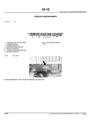 10-10
TRACTOR 6110J (EDICION SUDAMERICANA)
PRODUKTSERIENNUMMER
CQ282320 -UN-
*1BM7815XC9A123456*
{21
{
3
{
4
{
5
{
6
{
{
7
1. FRAMST LLER ENHETSKOD BM - JOHN DEERE BRAZIL
2. MASKINMODELL 6110J
3. MODELLIDSUFFIX
4. KONTROLLERAR SIFFRA
5. PRODUKTIONSÂR
6. YTTERLIGARE INFORMATION
7. PRODUKTIONSPIN
LVP202 -UN-01JAN94
SERIENUMMERSKYLTEN FINNS PA RAMENS HOEGRA SIDA
10-10 TRACTOR 6110J (EDICION SUDAMERICANA) PC8538S (11-JAN-11)
PN=18
 