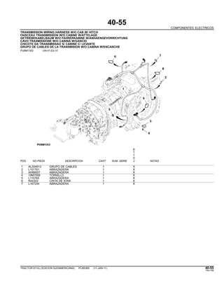 40-55
COMPONENTES ELECTRICOS
TRANSMISSION WIRING HARNESS W/O CAB W/ HITCH
FAISCEAU TRANSMISSION W/O CABINE W/ATTELAGE
GETRIEBEKABELBAUM W/O FAHRERKABINE W/ANHAENGEVORRICHTUNG
CAVO TRASMISSIONE W/O CABINA W/GANCIO
CHICOTE DA TRANSMISSAO S/ CABINE C/ LEVANTE
GRUPO DE CABLES DE LA TRANSMISION W/O CABINA W/ENCANCHE
PUBM1352 -UN-01JUL10
6
1
1
0
POS. NO.PIEZA DESCRIPCION CANT NUM. SERIE J NOTAS
1 AL204913 GRUPO DE CABLES 1 X
2 L101761 ABRAZADERA 1 X
3 AH89557 ABRAZADERA 1 X
4 19M7008 TORNILLO 1 X
5 L110765 ABRAZADERA 1 X
6 R44302 CINTA DE ATAR 1 X
7 L167244 ABRAZADERA 1 X
TRACTOR 6110J (EDICION SUDAMERICANA) PC8538S (11-JAN-11) 40-55
PN=199
 