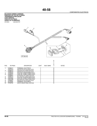 40-58
COMPONENTES ELECTRICOS
BULKHEAD WIRING HARNESS
FAISCEAU DE FILS DE CLOISON
TRENNWAND-KABELBAUM
CAVO PARATIA
CHICOTE ELETRICO
ARNES DE ALAMBRADO
HP18516 -UN-03OCT07
6
1
1
0
POS. NO.PIEZA DESCRIPCION CANT NUM. SERIE J NOTAS
1 57M8017 TERMINAL ELECTRICO 1 X
57M7619 DISPOSITIVO DE BLOQUEO ELEC 1 X
2 57M8015 CONJUNTO DE CONECTOR ELEC. 1 X
57M8016 DISPOSITIVO DE BLOQUEO ELEC 1 X
3 57M8606 CAJA DE CONECTORES ELEC. 1 X
4 57M9231 CAJA DE CONECTORES ELEC. 1 X
57M8947 ACCESORIO DE CONECTOR ELEC. 1 X
5 57M9215 SELLADOR DE CONECTORES ELEC 1 X
6 57M7262 CAJA DE CONECTORES ELEC. 1 X
7 57M7258 SELLADOR DE CONECTORES ELEC 1 X
8 57M8907 DISPOSITIVO DE BLOQUEO ELEC 1 X
9 R104846 TERMINAL ELECTRICO 1 X
10 PF80793 GRUPO CABLES PANEL INSTRUM. 1 X
40-58 TRACTOR 6110J (EDICION SUDAMERICANA) PC8538S (01-JUL-10)
PN=202
 