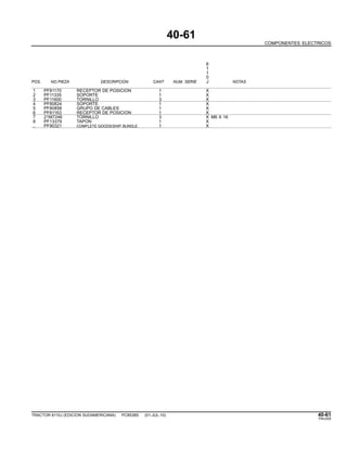 40-61
COMPONENTES ELECTRICOS
6
1
1
0
POS. NO.PIEZA DESCRIPCION CANT NUM. SERIE J NOTAS
1 PF81170 RECEPTOR DE POSICION 1 X
2 PF11335 SOPORTE 1 X
3 PF11600 TORNILLO 3 X
4 PF80824 SOPORTE 1 X
5 PF80858 GRUPO DE CABLES 1 X
6 PF81163 RECEPTOR DE POSICION 1 X
7 21M7246 TORNILLO 3 X M6 X 16
8 PF13379 TAPON 1 X
.. PF90321 COMPLETE GOODS/SHIP. BUNDLE 1 X
TRACTOR 6110J (EDICION SUDAMERICANA) PC8538S (01-JUL-10) 40-61
PN=205
 