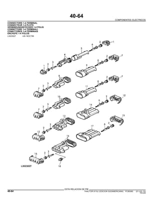 40-64
COMPONENTES ELECTRICOS
CONNECTORS 1-4-TERMINAL
CONNECTEUR 1-4 PLOTS
VERBINDUNGSSTECKER 1-4 POLIG
CONNETTORE 1-4 TERMINALI
CONECTORES 1-4-TERMINAIS
ENCHUFE 1-4 POLOS
LX023027 -UN-18OCT99
ESTA RELACION DE PIE
40-64 TRACTOR 6110J (EDICION SUDAMERICANA) PC8538S (01-JUL-10)
PN=208
 