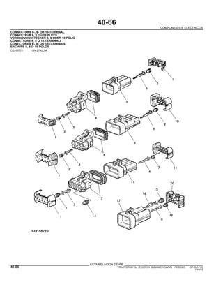 40-66
COMPONENTES ELECTRICOS
CONNECTORS 6-, 8- OR 10-TERMINAL
CONNECTEUR 6, 8 OU 10 PLOTS
VERBINDUNGSSTECKER 6, 8 ODER 10 POLIG
CONNETTORE 6, 8 O 10 TERMINALI
CONECTORES 6-, 8- OU 10-TERMINAIS
ENCHUFE 6, 8 O 10 POLOS
CQ155770 -UN-27JUL04
ESTA RELACION DE PIE
40-66 TRACTOR 6110J (EDICION SUDAMERICANA) PC8538S (01-JUL-10)
PN=210
 
