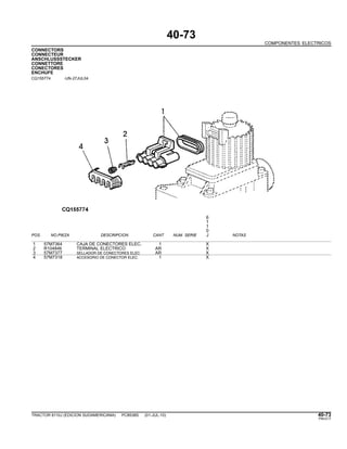 40-73
COMPONENTES ELECTRICOS
CONNECTORS
CONNECTEUR
ANSCHLUSSSTECKER
CONNETTORE
CONECTORES
ENCHUFE
CQ155774 -UN-27JUL04
6
1
1
0
POS. NO.PIEZA DESCRIPCION CANT NUM. SERIE J NOTAS
1 57M7364 CAJA DE CONECTORES ELEC. 1 X
2 R104846 TERMINAL ELECTRICO AR X
3 57M7377 SELLADOR DE CONECTORES ELEC AR X
4 57M7318 ACCESORIO DE CONECTOR ELEC. 1 X
TRACTOR 6110J (EDICION SUDAMERICANA) PC8538S (01-JUL-10) 40-73
PN=217
 