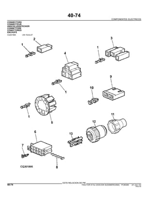 40-74
COMPONENTES ELECTRICOS
CONNECTORS
CONNECTEUR
ANSCHLUSSSTECKER
CONNETTORE
CONECTORES
ENCHUFE
CQ301895 -UN-19JUL07
ESTA RELACION DE PIE
40-74 TRACTOR 6110J (EDICION SUDAMERICANA) PC8538S (01-JUL-10)
PN=218
 