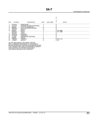 54-7
TRANSMISION POWRQUAD
6
1
1
0
POS. NO.PIEZA DESCRIPCION CANT NUM. SERIE J NOTAS
1 R176474 ESPACIADOR 1 X
2 R122146 CORONA DE TREN PLANETARIO 1 X
3 R95378 PLATO DE EMBRAGUE 4 X
4 RE48092 DISCO CON DENTADO INTERIOR 5 X
5 R102913 MUELLE 8 X
6 R95422 DISCO 1 X TK= 6MM
R243074 PLACA 1 X TK= 7MM
7 R223964 JUNTA 1 X
8 R244132 CARCASA 1 X
9 R124438 CASQUILLO 1 X
10 L111964 PASADOR DE CENTRAJE 4 X
11 R95560 PISTON 1 X
12 19M7835 TORNILLO 6 X M10 X 35
13 L158623 MUELLE 8 X (A)
(A) WITH MECHANICAL REVERSER CONTROL
AVEC COMMANDE MECANIQUE DE L’INVERSEUR
BEI MECHANISCHER FAHRTRICHTUNGSBETAETIGUNG
CON COMANDO MECCANICO INVERSIONE DI MARCIA
COM CONTROLE DE REVERSAO MECANICA
CON MANDO MECANICO DEL INVERSOR
TRACTOR 6110J (EDICION SUDAMERICANA) PC8538S (01-JUL-10) 54-7
PN=251
 