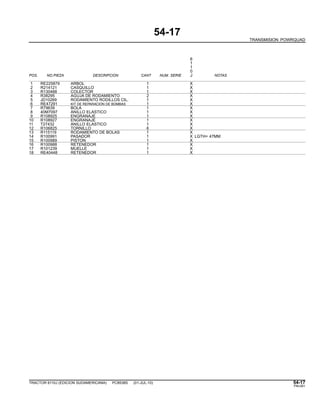 54-17
TRANSMISION POWRQUAD
6
1
1
0
POS. NO.PIEZA DESCRIPCION CANT NUM. SERIE J NOTAS
1 RE225879 ARBOL 1 X
2 R214121 CASQUILLO 1 X
3 R130488 COLECTOR 1 X
4 R38295 AGUJA DE RODAMIENTO 2 X
5 JD10269 RODAMIENTO RODILLOS CIL. 1 X
6 RE47291 KIT DE REPARACION DE BOMBAS 1 X
7 R79639 BOLA 1 X
8 40M7097 ANILLO ELASTICO 1 X
9 R108925 ENGRANAJE 1 X
10 R108927 ENGRANAJE 1 X
11 T27432 ANILLO ELASTICO 1 X
12 R106825 TORNILLO 6 X
13 R115119 RODAMIENTO DE BOLAS 1 X
14 R100991 PASADOR 1 X LGTH= 47MM
15 R100989 PISTON 1 X
16 R100988 RETENEDOR 1 X
17 R101239 MUELLE 1 X
18 RE40448 RETENEDOR 1 X
TRACTOR 6110J (EDICION SUDAMERICANA) PC8538S (01-JUL-10) 54-17
PN=261
 