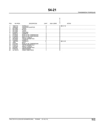 54-21
TRANSMISION POWRQUAD
6
1
1
0
POS. NO.PIEZA DESCRIPCION CANT NUM. SERIE J NOTAS
1 19M7775 TORNILLO 3 X M6 X 16
2 34M5028 PASADOR ELASTICO 2 X
3 R213485 JUNTA 1 X
4 R213348 PLACA 1 X
5 R213484 JUNTA 1 X
6 R194487 CARCASA 1 X
7 R248215 CARRETE 3 X
8 R194659 MUELLE DE COMPRESION 3 X
9 R194658 MUELLE DE COMPRESION 3 X
10 51M7043 ANILLO TORICO 3 X
11 RE46685 TAPON HERMETICO 3 X
12 R192305 CARRETE 1 X
13 19M7834 TORNILLO 11 X M6 X 45
14 405R BOLA 1 X
15 R197564 MUELLE DE COMPRESION 1 X
16 R184116 TAPON HERMETICO 1 X
17 51M7042 ANILLO TORICO 1 X
18 R202861 TAPON HERMETICO 1 X
19 R182130 ABRAZADERA 1 X
20 AL155310 CABLE SIMETRICO 1 X
TRACTOR 6110J (EDICION SUDAMERICANA) PC8538S (01-JUL-10) 54-21
PN=265
 