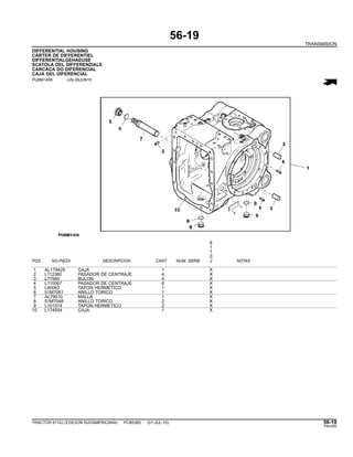 56-19
TRANSMISION
DIFFERENTIAL HOUSING
CARTER DE DIFFERENTIEL
DIFFERENTIALGEHAEUSE
SCATOLA DEL DIFFERENZIALE
CARCACA DO DIFERENCIAL
CAJA DEL DIFERENCIAL
PUBM1406 -UN-28JUN10
6
1
1
0
POS. NO.PIEZA DESCRIPCION CANT NUM. SERIE J NOTAS
1 AL179429 CAJA 1 X
2 L112380 PASADOR DE CENTRAJE 4 X
3 L77560 BULON 4 X
4 L110067 PASADOR DE CENTRAJE 6 X
5 L80062 TAPON HERMETICO 1 X
6 51M7061 ANILLO TORICO 1 X
7 AL79010 MALLA 1 X
8 51M7048 ANILLO TORICO 2 X
9 L101574 TAPON HERMETICO 2 X
10 L174554 CAJA 1 X
TRACTOR 6110J (EDICION SUDAMERICANA) PC8538S (01-JUL-10) 56-19
PN=295
 