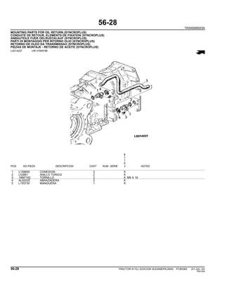 56-28
TRANSMISION
MOUNTING PARTS FOR OIL RETURN (SYNCROPLUS)
CONDUITE DE RETOUR, ELEMENTS DE FIXATION (SYNCROPLUS)
ANBAUTEILE FUER OELRUECKLAUF (SYNCROPLUS)
PARTI DI MONTAGGIO PER RITORNO OLIO (SYNCROPLUS)
RETORNO DE OLEO DA TRANSMISSAO (SYNCROPLUS)
PIEZAS DE MONTAJE - RETORNO DE ACEITE (SYNCROPLUS)
LX014227 -UN-31MAY96
6
1
1
0
POS. NO.PIEZA DESCRIPCION CANT NUM. SERIE J NOTAS
1 L158800 CONEXION 2 X
2 L53861 ANILLO TORICO 2 X
3 19M7162 TORNILLO 2 X M8 X 16
4 AL82025 ABRAZADERA 2 X
5 L155730 MANGUERA 1 X
56-28 TRACTOR 6110J (EDICION SUDAMERICANA) PC8538S (01-JUL-10)
PN=304
 