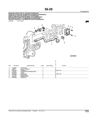 56-29
TRANSMISION
MOUNTING PARTS FOR OIL RETURN (POWRQUAD)
CONDUITE DE RETOUR, ELEMENTS DE FIXATION (POWRQUAD)
ANBAUTEILE FUER OELRUECKLAUF (POWRQUAD)
PARTI DI MONTAGGIO PER RITORNO OLIO (POWRQUAD)
RETORNO DE OLEO DA TRANSMISSAO (POWRQUAD)
PIEZAS DE MONTAJE - RETORNO DE ACEITE (POWRQUAD)
LX034256 -UN-17JAN03
6
1
1
0
POS. NO.PIEZA DESCRIPCION CANT NUM. SERIE J NOTAS
1 L158800 CONEXION 1 X
2 L53861 ANILLO TORICO 1 X
3 19M7162 TORNILLO 1 X M8 X 16
4 L156294 CONEXION DE MANGUERA 1 X
5 R158505 JUNTA 1 X
6 19M7863 TORNILLO 4 X M6 X 25
7 L155730 MANGUERA 1 X
8 AL82025 ABRAZADERA 1 X
9 19M7862 TORNILLO 2 X
TRACTOR 6110J (EDICION SUDAMERICANA) PC8538S (01-JUL-10) 56-29
PN=305
 