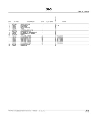 58-5
TOMA DE FUERZA
6
1
1
0
POS. NO.PIEZA DESCRIPCION CANT NUM. SERIE J NOTAS
1 AL76125 REVESTIMIENTO 1 X
2 L76327 ENGRANAJE 1 X Z 59
3 L76495 PORTADOR 1 X
4 L76494 REVESTIMIENTO 1 X
5 L169277 ARBOL 1 X
6 AL80939 CONO DEL COJINETE 2 X
7 40M7179 ANILLO ELASTICO 1 X
8 L100959 PISTA EXT DE RODAMIENTO 2 X
9 L64838 RODAMIENTO DE BOLAS 1 X
10 48M7038 RETEN 1 X
11 L101355 ANILLO ELASTICO AR X TK 2.25MM
L101356 ANILLO ELASTICO AR X TK 2.35MM
L76291 ANILLO ELASTICO AR X TK 2.45MM
L76292 ANILLO ELASTICO AR X TK 2.55MM
L76294 ANILLO ELASTICO AR X TK 2.75MM
L76295 ANILLO ELASTICO AR X TK 2.85MM
L76293 ANILLO ELASTICO AR X TK 2.65MM
12 M44162 ANILLO TORICO 2 X
13 L79862 ARANDELA 1 X
TRACTOR 6110J (EDICION SUDAMERICANA) PC8538S (01-JUL-10) 58-5
PN=315
 