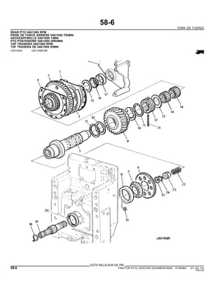 58-6
TOMA DE FUERZA
REAR PTO 540/1000 RPM
PRISE DE FORCE ARRIERE 540/1000 TR/MIN
HECKZAPFWELLE 540/1000 1/MIN
PTO POSTERIORE 540/1000 GIRI/MIN
TDP TRASEIRA 540/1000 RPM
TDF TRASERA DE 540/1000 R/MIN
LX014520 -UN-31MAY96
ESTA RELACION DE PIE
58-6 TRACTOR 6110J (EDICION SUDAMERICANA) PC8538S (01-JUL-10)
PN=316
 