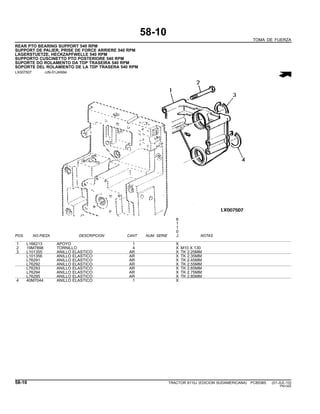 58-10
TOMA DE FUERZA
REAR PTO BEARING SUPPORT 540 RPM
SUPPORT DE PALIER, PRISE DE FORCE ARRIERE 540 RPM
LAGERSTUETZE, HECKZAPFWELLE 540 RPM
SUPPORTO CUSCINETTO PTO POSTERIORE 540 RPM
SUPORTE DO ROLAMENTO DA TDP TRASEIRA 540 RPM
SOPORTE DEL ROLAMIENTO DE LA TDP TRASERA 540 RPM
LX007507 -UN-01JAN94
6
1
1
0
POS. NO.PIEZA DESCRIPCION CANT NUM. SERIE J NOTAS
1 L166213 APOYO 1 X
2 19M7898 TORNILLO 4 X M10 X 130
3 L101355 ANILLO ELASTICO AR X TK 2.25MM
L101356 ANILLO ELASTICO AR X TK 2.35MM
L76291 ANILLO ELASTICO AR X TK 2.45MM
L76292 ANILLO ELASTICO AR X TK 2.55MM
L76293 ANILLO ELASTICO AR X TK 2.65MM
L76294 ANILLO ELASTICO AR X TK 2.75MM
L76295 ANILLO ELASTICO AR X TK 2.85MM
4 40M7044 ANILLO ELASTICO 1 X
58-10 TRACTOR 6110J (EDICION SUDAMERICANA) PC8538S (01-JUL-10)
PN=320
 