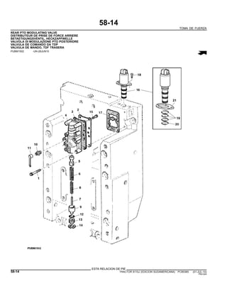 58-14
TOMA DE FUERZA
REAR PTO MODULATING VALVE
DISTRIBUTEUR DE PRISE DE FORCE ARRIERE
BETAETIGUNGSVENTIL, HECKZAPFWELLE
VALVOLA DI MODULAZIONE PTO POSTERIORE
VALVULA DE COMANDO DA TDP
VALVULA DE MANDO, TDF TRASERA
PUBM1502 -UN-28JUN10
ESTA RELACION DE PIE
58-14 TRACTOR 6110J (EDICION SUDAMERICANA) PC8538S (01-JUL-10)
PN=324
 