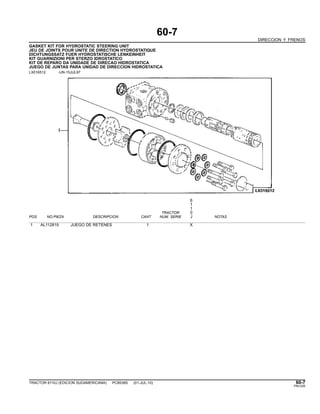 60-7
DIRECCION Y FRENOS
GASKET KIT FOR HYDROSTATIC STEERING UNIT
JEU DE JOINTS POUR UNITE DE DIRECTION HYDROSTATIQUE
DICHTUNGSSATZ FUER HYDROSTATISCHE LENKEINHEIT
KIT GUARNIZIONI PER STERZO IDROSTATICO
KIT DE REPARO DA UNIDADE DE DIRECAO HIDROSTATICA
JUEGO DE JUNTAS PARA UNIDAD DE DIRECCION HIDROSTATICA
LX016512 -UN-15JUL97
6
1
1
TRACTOR 0
POS. NO.PIEZA DESCRIPCION CANT NUM. SERIE J NOTAS
1 AL112819 JUEGO DE RETENES 1 X
TRACTOR 6110J (EDICION SUDAMERICANA) PC8538S (01-JUL-10) 60-7
PN=335
 