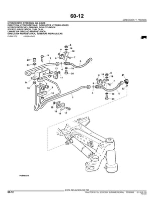 60-12
DIRECCION Y FRENOS
HYDROSTATIC STEERING, OIL LINES
DIRECTION HYDROSTATIQUE, CONDUITES HYDRAULIQUES
HYDROSTATISCHE LENKUNG, OELLEITUNGEN
STERZO IDROSTATICO, TUBI OLIO
LINHAS DA DIRECAO HIDROSTATICA
DIRECCION HIDROSTATICA, TUBERIAS HIDRAULICAS
PUBM1375 -UN-28JUN10
ESTA RELACION DE PIE
60-12 TRACTOR 6110J (EDICION SUDAMERICANA) PC8538S (01-JUL-10)
PN=340
 