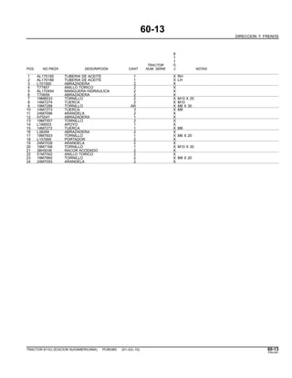 60-13
DIRECCION Y FRENOS
6
1
1
TRACTOR 0
POS. NO.PIEZA DESCRIPCION CANT NUM. SERIE J NOTAS
1 AL170185 TUBERIA DE ACEITE 1 X RH
2 AL170186 TUBERIA DE ACEITE 1 X LH
3 L101560 ABRAZADERA 2 X
4 T77857 ANILLO TORICO 2 X
5 AL170454 MANGUERA HIDRAULICA 2 X
6 T70659 ABRAZADERA 2 X
7 19M8533 TORNILLO 2 X M10 X 25
8 14M7274 TUERCA 2 X M10
9 19M7288 TORNILLO AR X M8 X 30
10 14M7273 TUERCA 3 X M8
11 24M7096 ARANDELA 2 X
12 H75541 ABRAZADERA 1 X
13 19M7557 TORNILLO 2 X
14 L168503 APOYO 1 X
15 14M7272 TUERCA 1 X M6
16 L38284 ABRAZADERA 2 X
17 19M7603 TORNILLO 1 X M6 X 20
18 L157895 PORTADOR 2 X
19 24M7028 ARANDELA 2 X
20 19M7168 TORNILLO 1 X M10 X 30
21 38H5036 RACOR ACODADO 2 X
22 51M7042 ANILLO TORICO 2 X
23 19M7660 TORNILLO 2 X M8 X 20
24 24M7055 ARANDELA 2 X
TRACTOR 6110J (EDICION SUDAMERICANA) PC8538S (01-JUL-10) 60-13
PN=341
 
