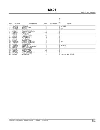 60-21
DIRECCION Y FRENOS
6
1
1
0
POS. NO.PIEZA DESCRIPCION CANT NUM. SERIE J NOTAS
1 19M7163 TORNILLO 1 X M8 X 25
2 AH77724 ABRAZADERA 1 X
3 14M7274 TUERCA 1 X M10
4 L113281 ESPACIADOR 1 X
5 L159212 TUBERIA DE ACEITE 1 X
6 AL80154 ABRAZADERA AR X
7 L62172 MANGUERA 1 X
8 T77613 ANILLO TORICO AR X
9 L114539 PASAMUROS 1 X
10 L100644 PASAMUROS 2 X
11 L111138 MANGUERA 1 X
12 L100851 ABRAZADERA 1 X
13 AL164598 TUBERIA DE ACEITE 1 X RH
14 AL164597 TUBERIA DE ACEITE 1 X LH
15 L41980 ABRAZADERA 1 X
16 19M8263 TORNILLO 1 X M6 X 30
17 AL110276 MANGUERA HIDRAULICA 2 X
18 L53873 ANILLO TORICO 1 X
19 L113347 CONEXION EN T 1 X
20 AL80154 ABRAZADERA AR X
21 L41709 TAPON ROSCADO 1 X
22 51M7041 ANILLO TORICO 1 X
23 L41860 SELLADOR 1 X LOCTITE 648, 10CCM
TRACTOR 6110J (EDICION SUDAMERICANA) PC8538S (01-JUL-10) 60-21
PN=349
 