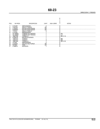 60-23
DIRECCION Y FRENOS
6
1
1
0
POS. NO.PIEZA DESCRIPCION CANT NUM. SERIE J NOTAS
1 L101287 ABRAZADERA 2 X
2 51M7041 ANILLO TORICO AR X
3 L100425 RACOR ADAPTADOR AR X
4 61M5002 RACOR ADAPTADOR AR X
5 T77613 ANILLO TORICO 4 X
6 L101561 ABRAZADERA 1 X
7 AL156683 TUBERIA DE FRENOS 1 X RH
8 AL156684 TUBERIA DE FRENOS 1 X LH
9 19M7768 TORNILLO 1 X M6 X 16
10 61M5016 RACOR ACODADO 1 X
11 14M7272 TUERCA 1 X M6
12 14M7273 TUERCA 3 X M8
13 19M7298 TORNILLO 1 X M8 X 35
14 L57382 ABRAZADERA 2 X
15 L102453 VALVULA DE PURGA AR X
16 R47862 TAPA AR X
17 L168610 SOPORTE 1 X
TRACTOR 6110J (EDICION SUDAMERICANA) PC8538S (01-JUL-10) 60-23
PN=351
 