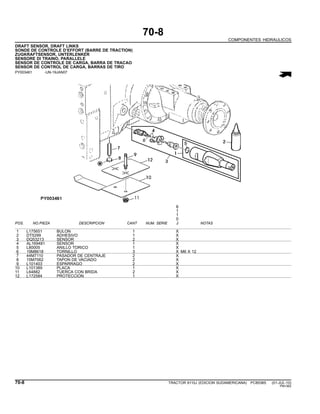70-8
COMPONENTES HIDRAULICOS
DRAFT SENSOR, DRAFT LINKS
SONDE DE CONTROLE D’EFFORT (BARRE DE TRACTION)
ZUGKRAFTSENSOR, UNTERLENKER
SENSORE DI TRAINO, PARALLELE
SENSOR DE CONTROLE DE CARGA, BARRA DE TRACAO
SENSOR DE CONTROL DE CARGA, BARRAS DE TIRO
PY003461 -UN-19JAN07
6
1
1
0
POS. NO.PIEZA DESCRIPCION CANT NUM. SERIE J NOTAS
1 L175651 BULON 1 X
2 DT5299 ADHESIVO 1 X
3 DQ53213 SENSOR 2 X
4 AL169481 SENSOR 1 X
5 L80005 ANILLO TORICO 1 X
6 19M8618 TORNILLO 3 X M6 X 12
7 44M7110 PASADOR DE CENTRAJE 2 X
8 15M7062 TAPON DE VACIADO 2 X
9 L101403 ESPARRAGO 2 X
10 L101389 PLACA 1 X
11 L64882 TUERCA CON BRIDA 2 X
12 L172584 PROTECCION 1 X
70-8 TRACTOR 6110J (EDICION SUDAMERICANA) PC8538S (01-JUL-10)
PN=362
 