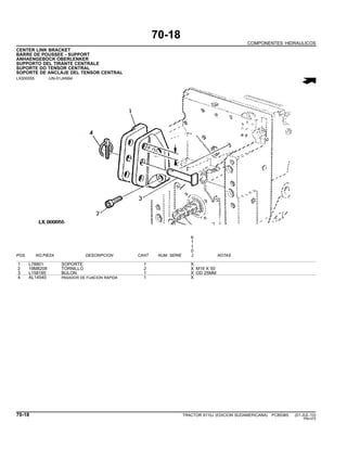 70-18
COMPONENTES HIDRAULICOS
CENTER LINK BRACKET
BARRE DE POUSSEE - SUPPORT
ANHAENGEBOCK OBERLENKER
SUPPORTO DEL TIRANTE CENTRALE
SUPORTE DO TENSOR CENTRAL
SOPORTE DE ANCLAJE DEL TENSOR CENTRAL
LX000055 -UN-01JAN94
6
1
1
0
POS. NO.PIEZA DESCRIPCION CANT NUM. SERIE J NOTAS
1 L78801 SOPORTE 1 X
2 19M8208 TORNILLO 2 X M16 X 50
3 L158185 BULON 1 X OD 25MM
4 AL14540 PASADOR DE FIJACION RAPIDA 1 X
70-18 TRACTOR 6110J (EDICION SUDAMERICANA) PC8538S (01-JUL-10)
PN=372
 