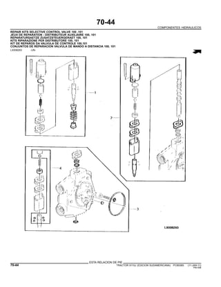 70-44
COMPONENTES HIDRAULICOS
REPAIR KITS SELECTIVE CONTROL VALVE 100 ,101
JEUX DE REPARATION - DISTRIBUTEUR AUXILIAIRE 100, 101
REPARATURSAETZE ZUSATZSTEUERGERAET 100, 101
KITS RIPARAZIONE PER DISTRIBUTORE 100, 101
KIT DE REPAROS DA VALVULA DE CONTROLE 100,101
CONJUNTOS DE REPARACION VALVULA DE MANDO A DISTANCIA 100, 101
LX008293 -UN-
ESTA RELACION DE PIE
70-44 TRACTOR 6110J (EDICION SUDAMERICANA) PC8538S (11-JAN-11)
PN=398
 
