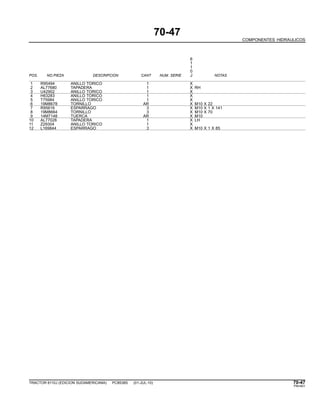 70-47
COMPONENTES HIDRAULICOS
6
1
1
0
POS. NO.PIEZA DESCRIPCION CANT NUM. SERIE J NOTAS
1 R95494 ANILLO TORICO 1 X
2 AL77680 TAPADERA 1 X RH
3 U42902 ANILLO TORICO 1 X
4 H63283 ANILLO TORICO 1 X
5 T75984 ANILLO TORICO 1 X
6 19M8678 TORNILLO AR X M10 X 22
7 R95616 ESPARRAGO 3 X M10 X 1 X 141
8 19M8664 TORNILLO 3 X M10 X 70
9 14M7148 TUERCA AR X M10
10 AL77028 TAPADERA 1 X LH
11 Z29304 ANILLO TORICO 1 X
12 L169844 ESPARRAGO 3 X M10 X 1 X 85
TRACTOR 6110J (EDICION SUDAMERICANA) PC8538S (01-JUL-10) 70-47
PN=401
 