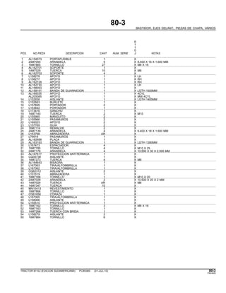 80-3
BASTIDOR, EJES DELANT., PIEZAS DE CHAPA, VARIOS
6
1
1
0
POS. NO.PIEZA DESCRIPCION CANT NUM. SERIE J NOTAS
1 AL154573 PORTAFUSIBLE 1 X
2 24M7055 ARANDELA 5 X 8.400 X 16 X 1.600 MM
3 19M7865 TORNILLO 27 X M8 X 16
4 AL162701 SOPORTE 1 X
5 14M7029 TUERCA 10 X M8
6 AL162703 SOPORTE 4 X
7 L158278 APOYO 1 X LH
8 L158277 APOYO 1 X RH
9 AL162729 APOYO 1 X RH
10 AL162730 APOYO 1 X LH
11 AL158053 APOYO 1 X
12 AL158151 BANDA DE GUARNICION 1 X LGTH 1920MM
13 AL169335 APOYO 1 X 4CYL
AL205085 APOYO 1 X MW 4CYL
14 L152658 AISLANTE 1 X LGTH 1485MM
15 L152663 BURLETE 1 X
16 L157826 PORTADOR 2 X
17 L153842 PORTADOR 1 X
18 L173476 GANCHO 1 X
19 14M7140 TUERCA 2 X M10
20 L155965 MANGUITO 2 X
21 L155966 PASAMUROS 2 X
22 L169323 APOYO 2 X
23 L157769 GUIA 2 X
24 16M7114 REMACHE 2 X
25 24M7139 ARANDELA 4 X 6.400 X 18 X 1.600 MM
26 L153768 ABRAZADERA AR X
27 L79919 PASAMUROS 1 X
28 AL162699 PLACA 1 X
29 AL163193 BANDA DE GUARNICION 1 X LGTH 1380MM
30 L167473 ESPACIADOR 4 X
31 19M7785 TORNILLO 4 X M10 X 25
32 24M7178 ARANDELA 4 X 10.500 X 30 X 2.500 MM
33 AL167617 PROTECCION ANTITERMICA 1 X
34 CQ04738 AISLANTE 1 X
35 14M7273 TUERCA 4 X M8
36 AL164643 BISAGRA 1 X
37 L167363 TIRA/ALFOMBRILLA 1 X
38 L167362 TIRA/ALFOMBRILLA 1 X
39 CQ62312 AISLANTE 2 X
40 L101519 ABRAZADERA 1 X
41 19M7166 TORNILLO 1 X M10 X 20
42 24M7028 ARANDELA 2 X 10.500 X 20 X 2 MM
43 14M7029 TUERCA AR X M8
44 14M7347 TUERCA 10 X
45 MN10413 REVESTIMIENTO 1 X
46 19M7866 TORNILLO 1 X
47 CQ61656 CORAZA 1 X
48 L167365 TIRA/ALFOMBRILLA 1 X
49 L158306 AISLANTE 1 X
50 L155510 PROTECCION ANTITERMICA 1 X
51 19M7162 TORNILLO 3 X M8 X 16
52 19M7163 TORNILLO 1 X
53 14M7298 TUERCA CON BRIDA 1 X
54 L158279 AISLANTE 2 X
55 19M7864 TORNILLO 6 X
TRACTOR 6110J (EDICION SUDAMERICANA) PC8538S (01-JUL-10) 80-3
PN=409
 