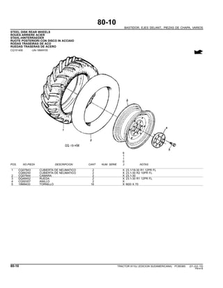 80-10
BASTIDOR, EJES DELANT., PIEZAS DE CHAPA, VARIOS
STEEL DISK REAR WHEELS
ROUES ARRIERE ACIER
STAHL-HINTERRAEDER
RUOTE POSTERIORI CON DISCO IN ACCIAIO
RODAS TRASEIRAS DE ACO
RUEDAS TRASERAS DE ACERO
CQ151406 -UN-18MAY05
6
1
1
0
POS. NO.PIEZA DESCRIPCION CANT NUM. SERIE J NOTAS
1 CQ07843 CUBIERTA DE NEUMATICO 2 X 23.1/18-30 R1 12PR FL
CQ66250 CUBIERTA DE NEUMATICO 2 X 23.1-30 R2 10PR FL
2 CQ07844 CAMARA 2 X 23.1-30
3 DQ48452 RUEDA 2 X 23.1-30 R1 12PR FL
4 CQ50357 ANILLO 2 X
5 19M9433 TORNILLO 16 X M20 X 70
80-10 TRACTOR 6110J (EDICION SUDAMERICANA) PC8538S (01-JUL-10)
PN=416
 