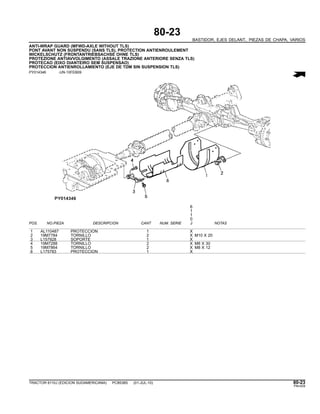 80-23
BASTIDOR, EJES DELANT., PIEZAS DE CHAPA, VARIOS
ANTI-WRAP GUARD (MFWD-AXLE WITHOUT TLS)
PONT AVANT NON SUSPENDU (SANS TLS), PROTECTION ANTIENROULEMENT
WICKELSCHUTZ (FRONTANTRIEBSACHSE OHNE TLS)
PROTEZIONE ANTIAVVOLGIMENTO (ASSALE TRAZIONE ANTERIORE SENZA TLS)
PROTECAO (EIXO DIANTEIRO SEM SUSPENSAO)
PROTECCION ANTIENROLLAMIENTO (EJE DE TDM SIN SUSPENSION TLS)
PY014346 -UN-10FEB09
6
1
1
0
POS. NO.PIEZA DESCRIPCION CANT NUM. SERIE J NOTAS
1 AL110487 PROTECCION 1 X
2 19M7784 TORNILLO 2 X M10 X 20
3 L157928 SOPORTE 1 X
4 19M7288 TORNILLO 2 X M8 X 30
5 19M7864 TORNILLO 2 X M8 X 12
6 L175783 PROTECCION 1 X
TRACTOR 6110J (EDICION SUDAMERICANA) PC8538S (01-JUL-10) 80-23
PN=429
 