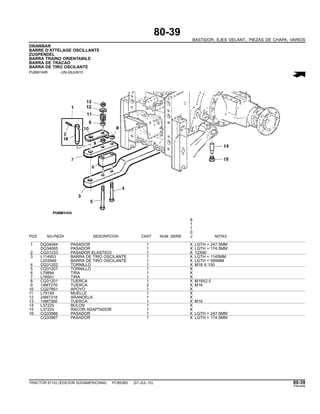 80-39
BASTIDOR, EJES DELANT., PIEZAS DE CHAPA, VARIOS
DRAWBAR
BARRE D’ATTELAGE OSCILLANTE
ZUGPENDEL
BARRA TRAINO ORIENTABILE
BARRA DE TRACAO
BARRA DE TIRO OSCILANTE
PUBM1495 -UN-28JUN10
6
1
1
0
POS. NO.PIEZA DESCRIPCION CANT NUM. SERIE J NOTAS
1 DQ34064 PASADOR 1 X LGTH = 247.5MM
DQ34065 PASADOR 1 X LGTH = 174.5MM
2 CQ31233 PASADOR ELASTICO 1 X 12X90
3 L114953 BARRA DE TIRO OSCILANTE 1 X LGTH = 1145MM
L203949 BARRA DE TIRO OSCILANTE 1 X LGTH = 995MM
4 CQ31202 TORNILLO 1 X M18 X 150
5 CQ31207 TORNILLO 1 X
6 L79894 TIRA 1 X
7 L78501 TIRA 1 X
8 CQ31201 TUERCA 1 X M18X2.5
9 14M7276 TUERCA 2 X M16
10 CQ27851 APOYO 1 X
11 L79149 MUELLE 1 X
12 24M7318 ARANDELA 1 X
13 14M7260 TUERCA 1 X M16
14 L37225 BULON 1 X
15 L37224 RACOR ADAPTADOR 1 X
16 CQ33966 PASADOR 1 X LGTH = 247.5MM
CQ33967 PASADOR 1 X LGTH = 174.5MM
TRACTOR 6110J (EDICION SUDAMERICANA) PC8538S (01-JUL-10) 80-39
PN=445
 