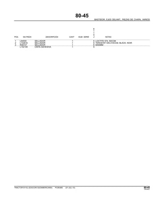 80-45
BASTIDOR, EJES DELANT., PIEZAS DE CHAPA, VARIOS
6
1
1
0
POS. NO.PIEZA DESCRIPCION CANT NUM. SERIE J NOTAS
1 L64500 SELLADOR 1 X LOCTITE 574, 50CCM
2 L102616 SELLADOR 1 X TEROSTAT 935,310CCM, BLACK, NOIR
3 R46727 SELLADOR 1 X 6000MM
L152148 CINTA ADHESIVA 1 X
TRACTOR 6110J (EDICION SUDAMERICANA) PC8538S (01-JUL-10) 80-45
PN=451
 