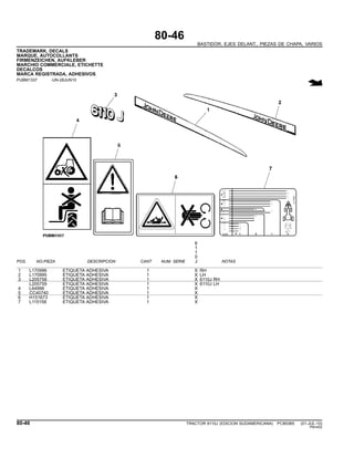 80-46
BASTIDOR, EJES DELANT., PIEZAS DE CHAPA, VARIOS
TRADEMARK, DECALS
MARQUE, AUTOCOLLANTS
FIRMENZEICHEN, AUFKLEBER
MARCHIO COMMERCIALE, ETICHETTE
DECALCOS
MARCA REGISTRADA, ADHESIVOS
PUBM1337 -UN-28JUN10
6
1
1
0
POS. NO.PIEZA DESCRIPCION CANT NUM. SERIE J NOTAS
1 L170996 ETIQUETA ADHESIVA 1 X RH
2 L170995 ETIQUETA ADHESIVA 1 X LH
3 L205758 ETIQUETA ADHESIVA 1 X 6110J RH
L205759 ETIQUETA ADHESIVA 1 X 6110J LH
4 L64996 ETIQUETA ADHESIVA 1 X
5 CC40740 ETIQUETA ADHESIVA 1 X
6 H151673 ETIQUETA ADHESIVA 1 X
7 L115158 ETIQUETA ADHESIVA 1 X
80-46 TRACTOR 6110J (EDICION SUDAMERICANA) PC8538S (01-JUL-10)
PN=452
 