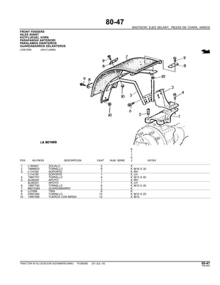 80-47
BASTIDOR, EJES DELANT., PIEZAS DE CHAPA, VARIOS
FRONT FENDERS
AILES AVANT
KOTFLUEGEL VORN
PARAFANGHI ANTERIORI
PARALAMAS DIANTEIROS
GUARDABARROS DELANTEROS
LX001909 -UN-01JAN94
6
1
1
0
POS. NO.PIEZA DESCRIPCION CANT NUM. SERIE J NOTAS
1 L165957 ZOCALO 2 X
2 19M8653 TORNILLO 8 X M16 X 35
3 L114160 SOPORTE 1 X RH
L114159 SOPORTE 1 X LH
4 19M7791 TORNILLO 4 X M12 X 40
5 AL69320 APOYO 1 X RH
AL69331 APOYO 1 X LH
6 19M7790 TORNILLO 6 X M12 X 35
7 MN10384 GUARDABARRO 2 X
8 L27099 TIRA 6 X
9 03M7264 TORNILLO 12 X M10 X 25
10 14M7296 TUERCA CON BRIDA 12 X M10
TRACTOR 6110J (EDICION SUDAMERICANA) PC8538S (01-JUL-10) 80-47
PN=453
 