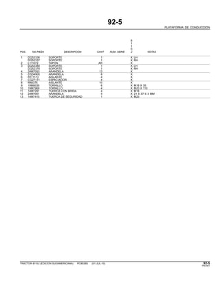 92-5
PLATAFORMA DE CONDUCCION
6
1
1
0
POS. NO.PIEZA DESCRIPCION CANT NUM. SERIE J NOTAS
1 DQ52336 SOPORTE 1 X LH
DQ52337 SOPORTE 1 X RH
2 L111072 TAPON AR X
3 DQ52380 SOPORTE 1 X LH
DQ52379 SOPORTE 1 X RH
4 24M7053 ARANDELA 13 X
5 CQ34905 ARANDELA 8 X
6 R111173 AISLANTE 4 X
7 CQ27171 ESPACIADOR 4 X
8 R66375 AISLANTE 10 X
9 19M8035 TORNILLO 6 X M16 X 35
10 19M7969 TORNILLO 4 X M20 X 110
11 14M7291 TUERCA CON BRIDA 4 X M16
12 24M7051 ARANDELA 4 X 21 X 37 X 3 MM
13 14M7410 TUERCA DE SEGURIDAD 1 X M20
TRACTOR 6110J (EDICION SUDAMERICANA) PC8538S (01-JUL-10) 92-5
PN=461
 