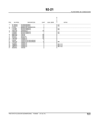 92-21
PLATAFORMA DE CONDUCCION
6
1
1
0
POS. NO.PIEZA DESCRIPCION CANT NUM. SERIE J NOTAS
1 AL168325 GUARDABARRO 1 X LH
AL168326 GUARDABARRO 1 X RH
2 L77912 BANDA DE GUARNICION 2 X
3 L157464 REVESTIMIENTO 1 X LH
L157465 REVESTIMIENTO 1 X RH
4 24M7139 ARANDELA AR X
5 L200800 REVESTIMIENTO 1 X LH
L200802 REVESTIMIENTO 1 X RH
6 99M7043 TAPON AR X
7 99M7056 TAPON AR X
8 DT5472 BURLETE AR X
9 19M7560 TORNILLO AR X
10 L157372 TORNILLO 14 X
11 L80355 TUERCA DE SEGURIDAD 2 X
12 14M7165 TUERCA DE SEGURIDAD 10 X M6
13 L112797 TORNILLO 6 X
14 19M8831 TORNILLO 2 X M5 X 16
15 19M8675 TORNILLO 2 X M8 X 16
16 19M7077 TORNILLO 2 X M6 X 20
17 R206454 TAPON 2 X
TRACTOR 6110J (EDICION SUDAMERICANA) PC8538S (01-JUL-10) 92-21
PN=477
 
