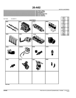20-A02
MOTOR (4045TBM03)
XXXXXXXXXXXXXXXXXXXXXXXXXXXXXXXXXXXXXXXXXXXXXXXX SECTIONAL INDEX
XXXXXXXXXXXXXXXXXXXXXXXXXXXXXXXXXXXXXXXXXXXXXXXX INDEX DE SECTION
XXXXXXXXXXXXXXXXXXXXXXXXXXXXXXXXXXXXXXXXXXXXXXXX GRUPPENINDEX
XXXXXXXXXXXXXXXXXXXXXXXXXXXXXXXXXXXXXXXXXXXXXXXX INDICE DELLA SEZIONE
XXXXXXXXXXXXXXXXXXXXXXXXXXXXXXXXXXXXXXXXXXXXXXXX INDICE DE GRUPO
XXXXXXXXXXXXXXXXXXXXXXXXXXXXXXXXXXXXXXXXXXXXXXXX INDICE DE GRUPOS
RGP13995 -UN-28MAY10
4501- 30
4601- 32
4715- 34
4822- 36
4901- 38
5001- 40
5102- 42
5701- 44
5903- 45
65WW- 46
6606- 48
6701- 49
7643- 50
8733- 51
8801- 52
9838- 54
20-A02 TRACTOR 6110J (EDICION SUDAMERICANA) PC8538S (01-JUL-10)
PN=46
 