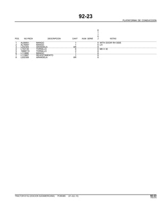 92-23
PLATAFORMA DE CONDUCCION
6
1
1
0
POS. NO.PIEZA DESCRIPCION CANT NUM. SERIE J NOTAS
1 AL80651 MANGO 1 X WITH DOOR RH SIDE
2 AL76067 MANGO 1 X LH
3 L202305 ARANDELA AR X
4 L153130 TORNILLO 6 X M8 X 30
5 19M8715 TORNILLO 2 X
6 L113886 MANGO 1 X
7 L113887 REVESTIMIENTO 1 X
8 L202306 ARANDELA AR X
TRACTOR 6110J (EDICION SUDAMERICANA) PC8538S (01-JUL-10) 92-23
PN=479
 