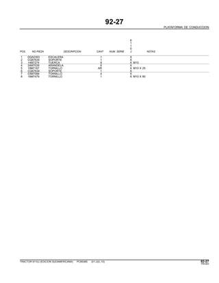 92-27
PLATAFORMA DE CONDUCCION
6
1
1
0
POS. NO.PIEZA DESCRIPCION CANT NUM. SERIE J NOTAS
1 DQ52393 ESCALERA 1 X
2 CQ67635 SOPORTE 1 X
3 14M7274 TUERCA 8 X M10
4 24M7028 ARANDELA 6 X
5 19M7167 TORNILLO AR X M10 X 25
6 CQ67634 SOPORTE 1 X
7 03M7088 TORNILLO 4 X
8 19M7479 TORNILLO 1 X M10 X 80
TRACTOR 6110J (EDICION SUDAMERICANA) PC8538S (01-JUL-10) 92-27
PN=483
 