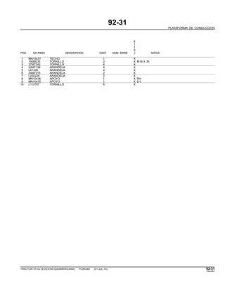 92-31
PLATAFORMA DE CONDUCCION
6
1
1
0
POS. NO.PIEZA DESCRIPCION CANT NUM. SERIE J NOTAS
1 MN10437 TECHO 1 X
2 19M8035 TORNILLO 2 X M16 X 35
3 37M7242 TORNILLO 4 X
4 24M7139 ARANDELA 4 X
5 L61335 ARANDELA 4 X
6 24M7315 ARANDELA 2 X
7 L200226 ARANDELA 2 X
8 MN10436 APOYO 1 X RH
9 MN10435 APOYO 1 X LH
10 L112797 TORNILLO 8 X
TRACTOR 6110J (EDICION SUDAMERICANA) PC8538S (01-JUL-10) 92-31
PN=487
 