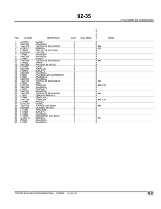 92-35
PLATAFORMA DE CONDUCCION
6
1
1
0
POS. NO.PIEZA DESCRIPCION CANT NUM. SERIE J NOTAS
1 AL111717 MANGO 1 X
2 24M7362 ARANDELA 4 X
3 14M7478 TUERCA DE SEGURIDAD 2 X M8
4 AL163211 BISAGRA 1 X LH
5 L156325 CRISTAL DE VENTANA 1 X
6 AL173630 FULCRO 1 X
7 T27260 ARANDELA 2 X
8 24M7252 ARANDELA 1 X
9 L168271 MANGO 1 X
10 14M7528 TUERCA DE SEGURIDAD 1 X M6
11 L156522 TAPON 1 X
12 34M7302 PASADOR ELASTICO 1 X
13 L111419 JUNTA 2 X
14 03M7331 TORNILLO 2 X
15 L157816 BURLETE 1 X
16 24M7298 ARANDELA 2 X
17 L78704 ARANDELA DE GUARNICION 8 X
18 L78851 CASQUILLO 2 X
19 24M7055 ARANDELA 4 X
20 14M7166 TUERCA DE SEGURIDAD 2 X M8
21 L78703 TAPA 8 X
22 21M7310 TORNILLO 6 X M6 X 25
23 24M7309 ARANDELA 6 X
24 L78705 CASQUILLO 6 X
25 24M7251 ARANDELA 6 X
26 14M7376 TUERCA DE SEGURIDAD 6 X M6
27 L78693 TIRA/ALFOMBRILLA 2 X
28 L75449 PERFIL EN U 2 X
29 19M7139 TORNILLO 4 X M8 X 20
30 L111414 ANGULO 1 X
31 AL173397 MANGO 1 X
32 14M7416 TUERCA CON BRIDA 4 X M8
33 DQ50436 CILINDRO DE GAS 2 X
34 L111440 TAPADERA 2 X
35 L112290 BURLETE 1 X
36 L110367 ARANDELA 2 X
37 L113715 ESPARRAGO CON BOLA 2 X
38 AL163210 BISAGRA 1 X RH
39 Z26250 ARANDELA 1 X
40 L61335 ARANDELA 1 X
TRACTOR 6110J (EDICION SUDAMERICANA) PC8538S (01-JUL-10) 92-35
PN=491
 