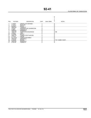 92-41
PLATAFORMA DE CONDUCCION
6
1
1
0
POS. NO.PIEZA DESCRIPCION CANT NUM. SERIE J NOTAS
1 L170677 CRISTAL DE VENTANA 1 X
2 L157817 BURLETE 1 X
3 AL78377 APOYO 2 X
4 03M7309 TORNILLO 1 X
5 L78704 ARANDELA DE GUARNICION 4 X
6 L78851 CASQUILLO 2 X
7 24M7055 ARANDELA 2 X
8 14M7166 TUERCA DE SEGURIDAD 2 X M8
9 L78703 TAPA 2 X
10 L157095 APOYO 1 X
11 22M7170 TORNILLO DE FIJACION 4 X
12 L111072 TAPON 1 X
13 AL117519 TUERCA SOLDABLE 4 X
14 24M7260 ARANDELA 4 X
15 L116184 RETEN 2 X TK= 5.0MM (13/64")
16 24M7362 ARANDELA 2 X
17 L153130 TORNILLO 2 X
TRACTOR 6110J (EDICION SUDAMERICANA) PC8538S (01-JUL-10) 92-41
PN=497
 