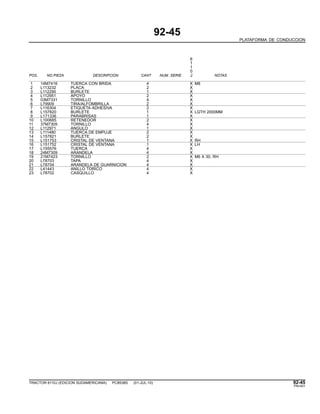 92-45
PLATAFORMA DE CONDUCCION
6
1
1
0
POS. NO.PIEZA DESCRIPCION CANT NUM. SERIE J NOTAS
1 14M7416 TUERCA CON BRIDA 4 X M8
2 L113232 PLACA 2 X
3 L112290 BURLETE 1 X
4 L112951 APOYO 2 X
5 03M7331 TORNILLO 4 X
6 L79909 TIRA/ALFOMBRILLA 2 X
7 L116304 ETIQUETA ADHESIVA 2 X
8 L157820 BURLETE 1 X LGTH 2000MM
9 L171336 PARABRISAS 1 X
10 L100685 RETENEDOR 2 X
11 37M7305 TORNILLO 4 X
12 L112971 ANGULO 1 X
13 L111480 TUERCA DE EMPUJE 2 X
14 L157821 BURLETE 2 X
15 L151753 CRISTAL DE VENTANA 1 X RH
16 L151752 CRISTAL DE VENTANA 1 X LH
17 L155576 TUERCA 4 X
18 24M7309 ARANDELA 4 X
19 21M7423 TORNILLO 2 X M6 X 30, RH
20 L78703 TAPA 4 X
21 L78704 ARANDELA DE GUARNICION 4 X
22 L41443 ANILLO TORICO 4 X
23 L78702 CASQUILLO 4 X
TRACTOR 6110J (EDICION SUDAMERICANA) PC8538S (01-JUL-10) 92-45
PN=501
 